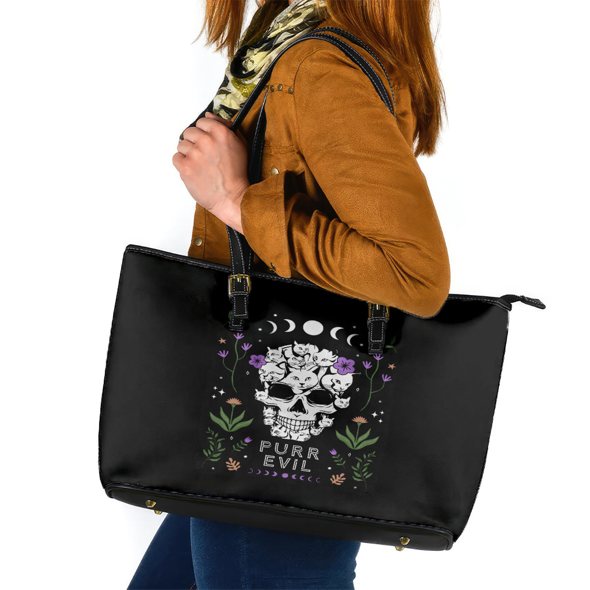 Cat Skull Leather Tote Bag Purr Evill DT01