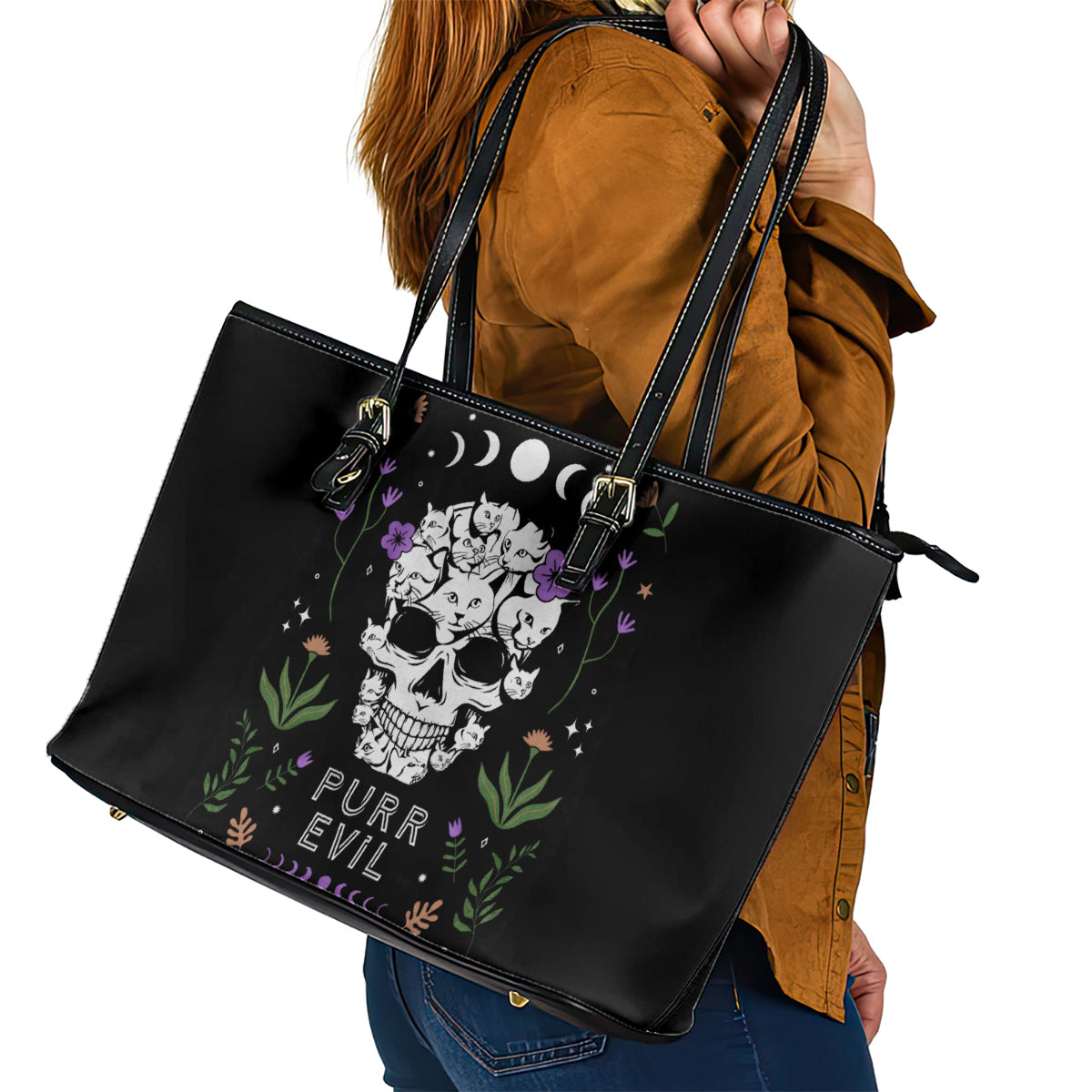 Cat Skull Leather Tote Bag Purr Evill DT01