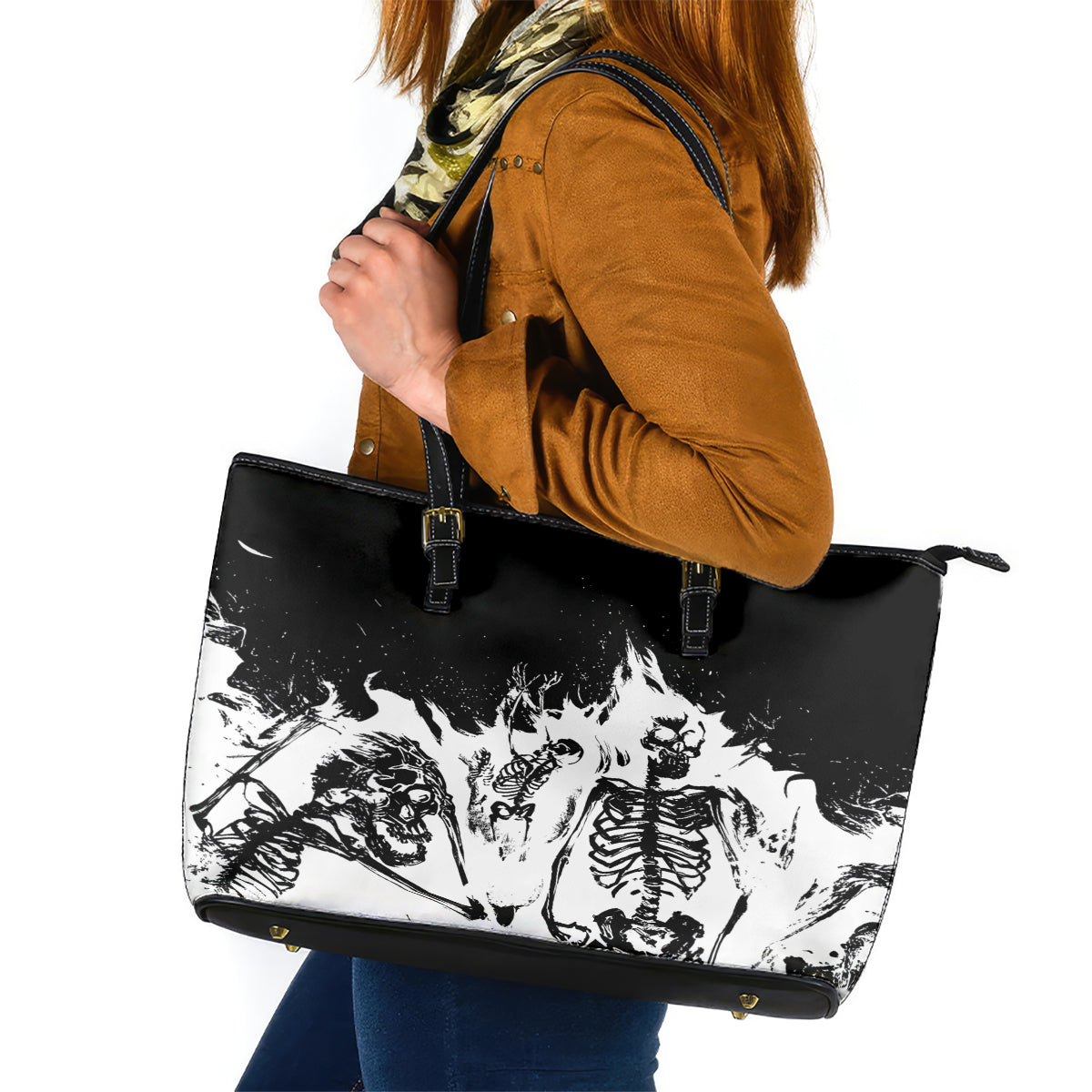 Fire Skull Leather Tote Bag Scream In Fire DT01