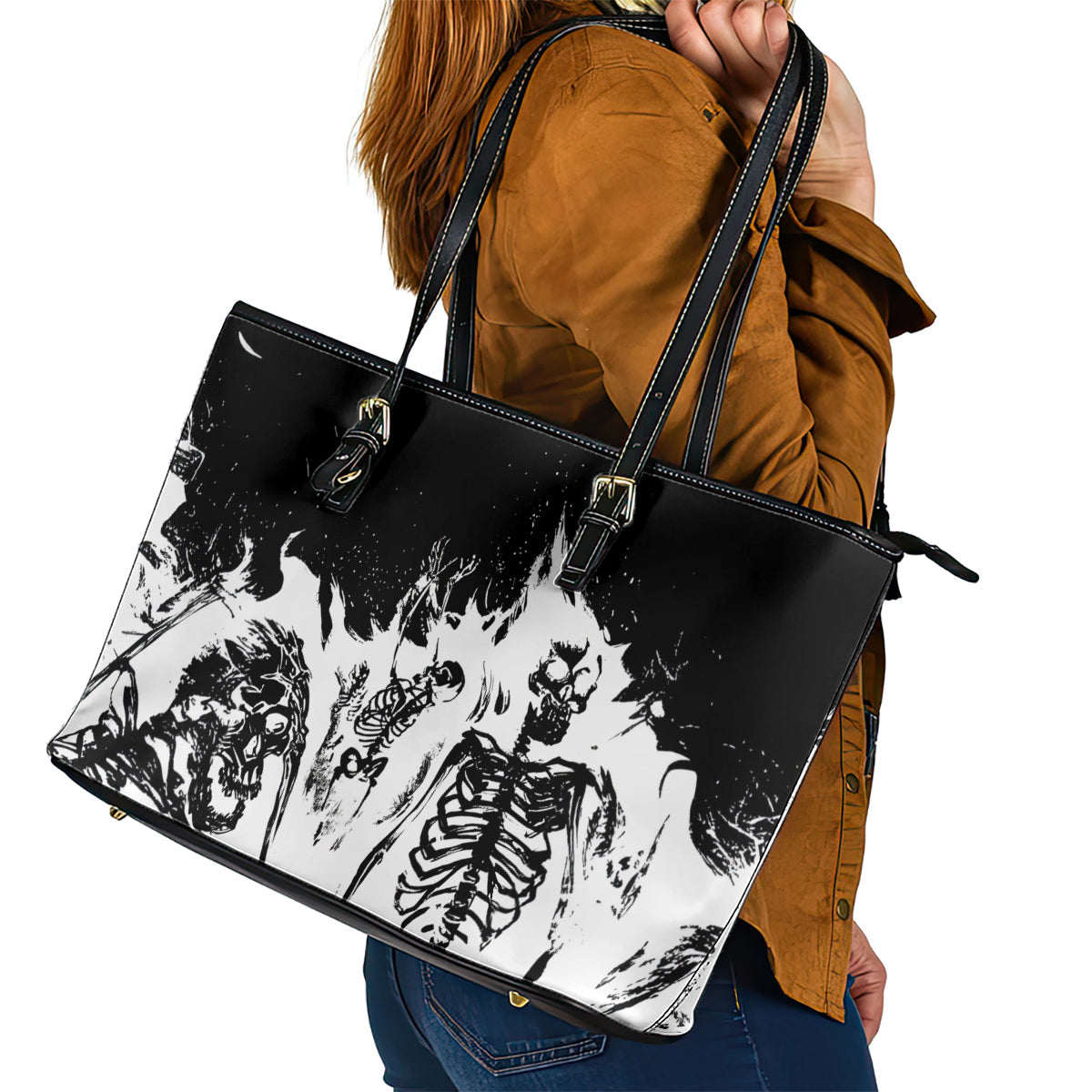 Fire Skull Leather Tote Bag Scream In Fire DT01