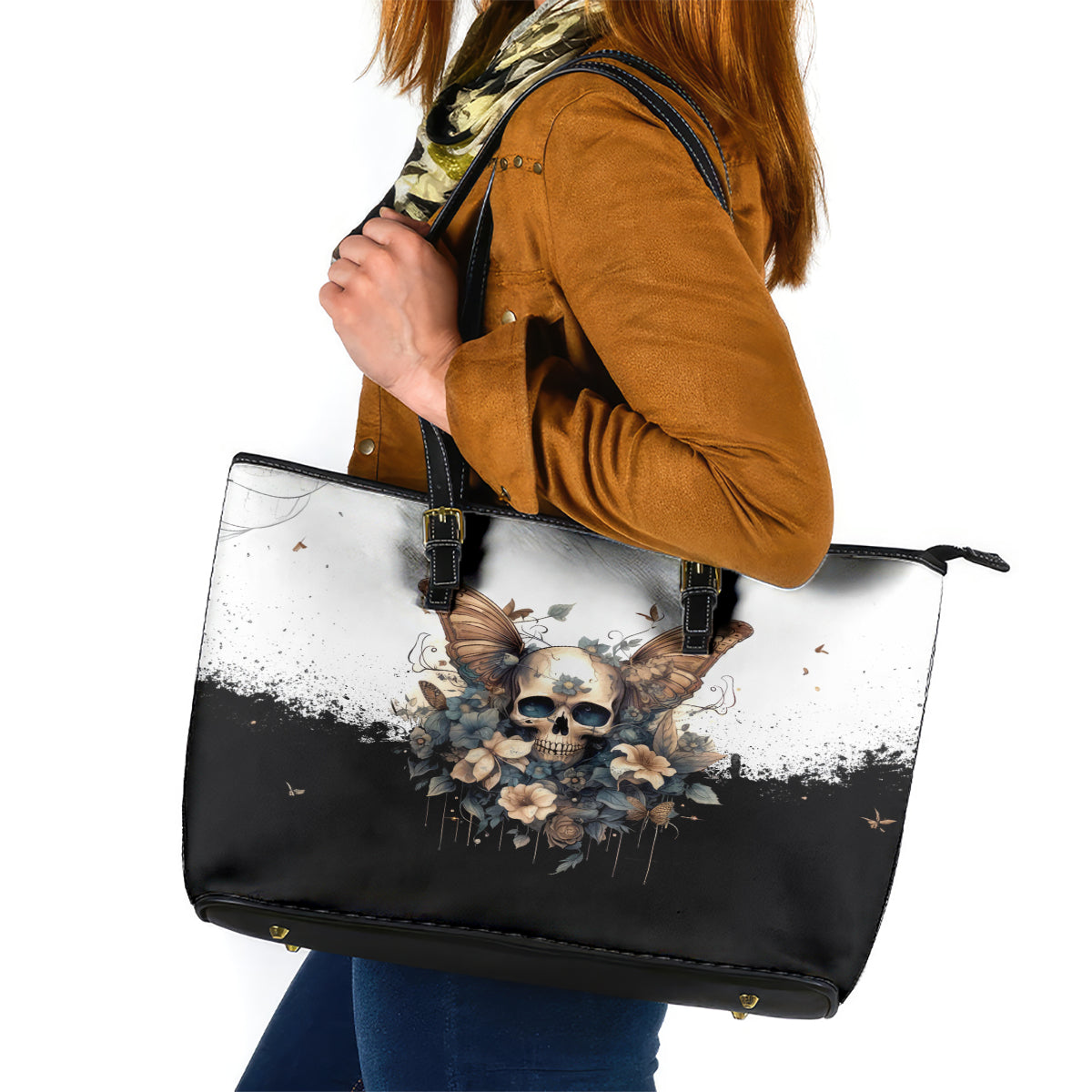 Butterfly Skull Leather Tote Bag Flower Butterfly Gothic Skull DT01