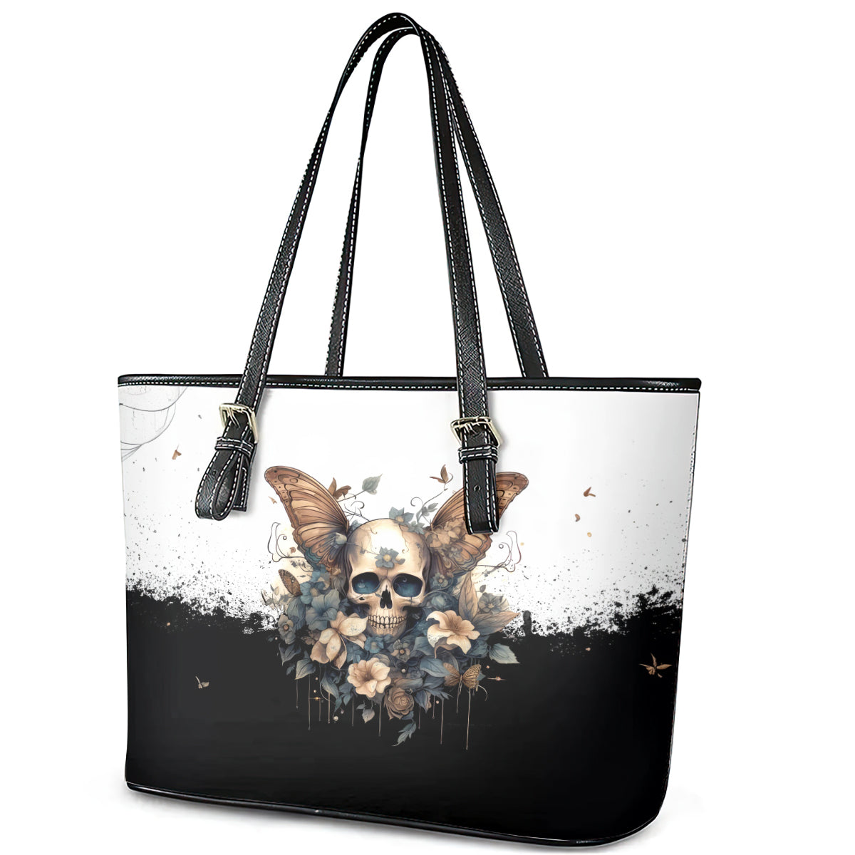 Butterfly Skull Leather Tote Bag Flower Butterfly Gothic Skull DT01