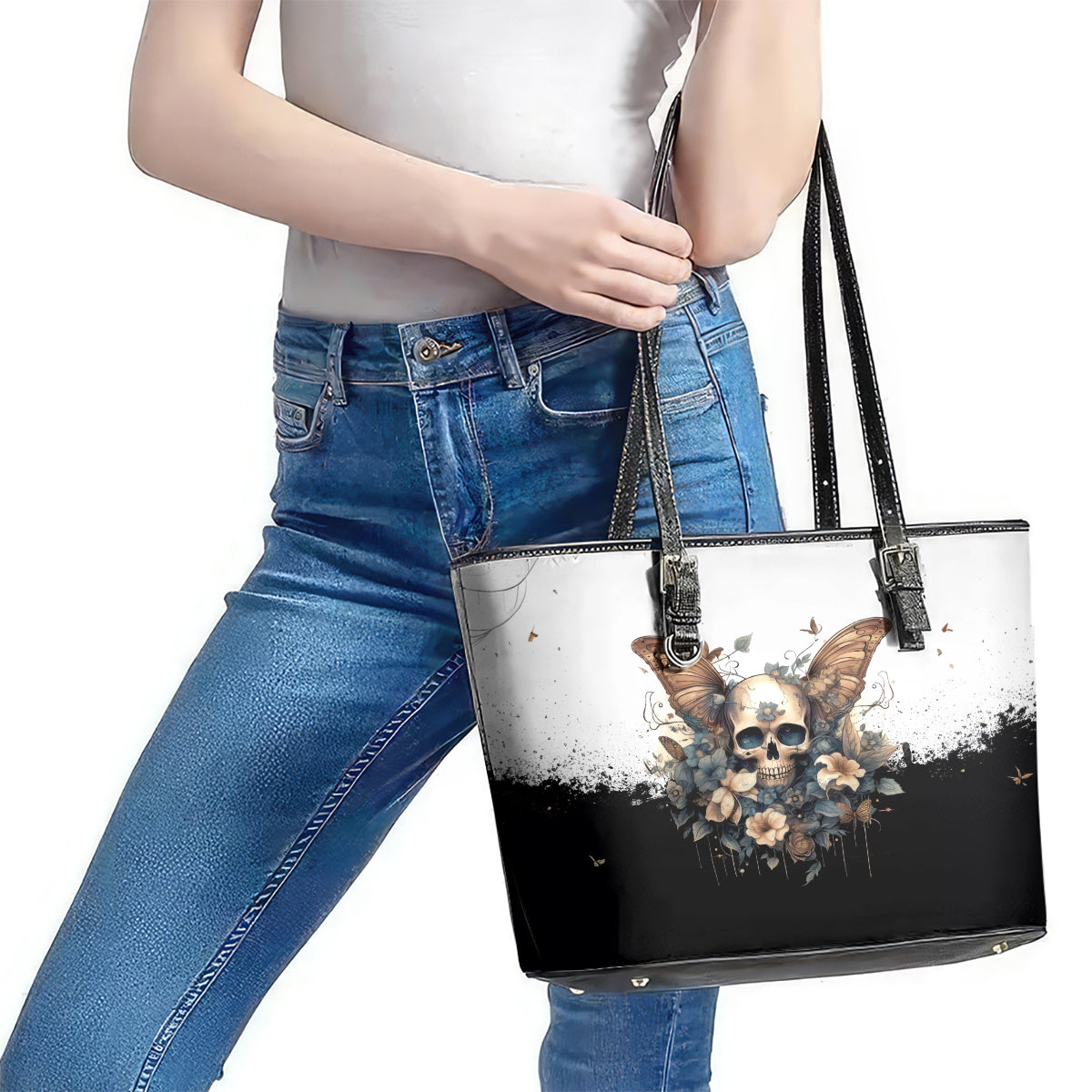 Butterfly Skull Leather Tote Bag Flower Butterfly Gothic Skull DT01