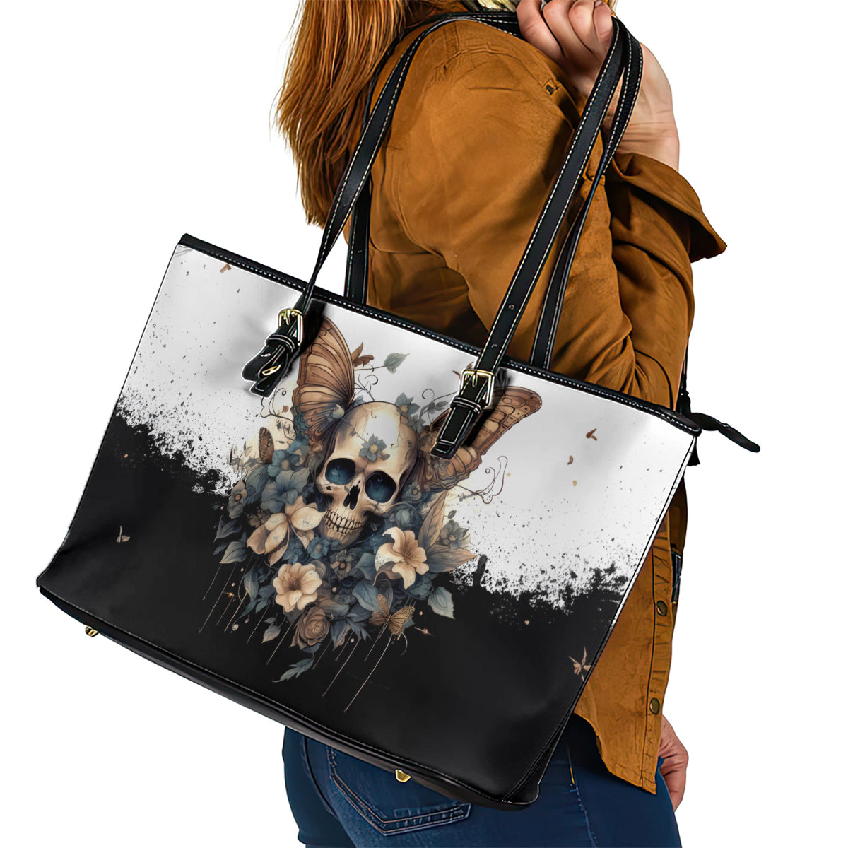 Butterfly Skull Leather Tote Bag Flower Butterfly Gothic Skull DT01