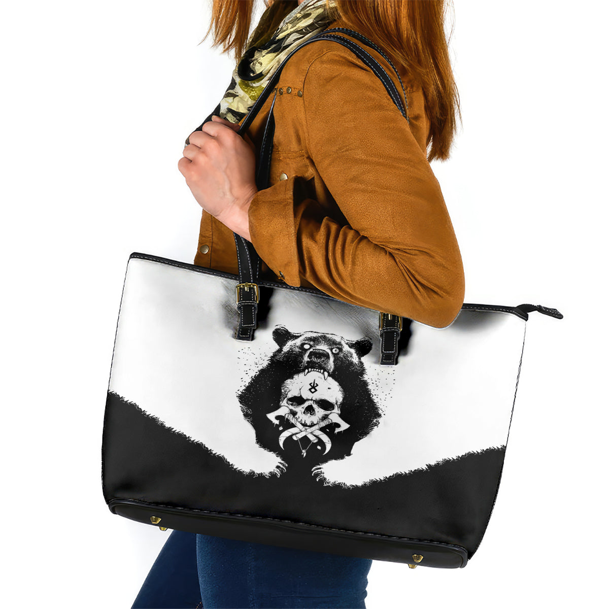 Viking Skull Leather Tote Bag Bear Viking Cross Skull DT01