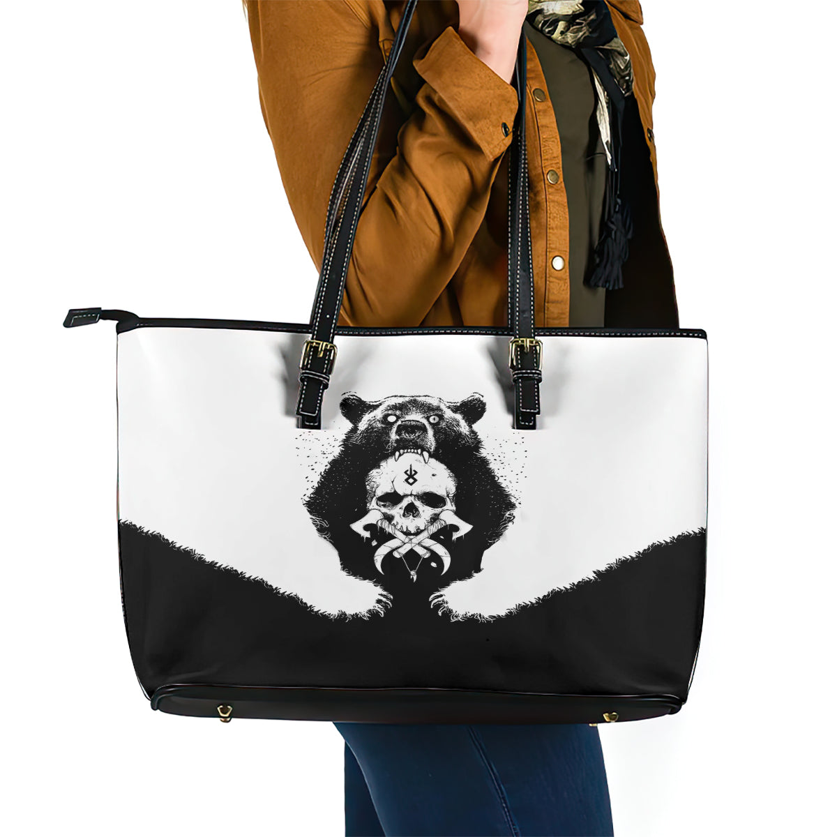 Viking Skull Leather Tote Bag Bear Viking Cross Skull DT01