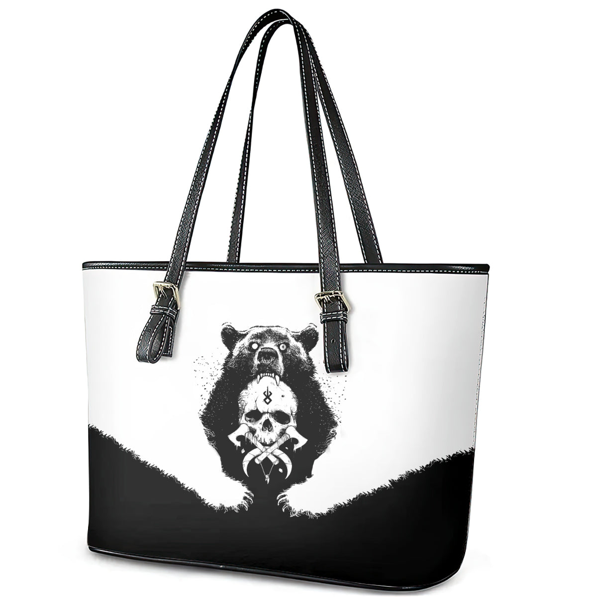 Viking Skull Leather Tote Bag Bear Viking Cross Skull DT01
