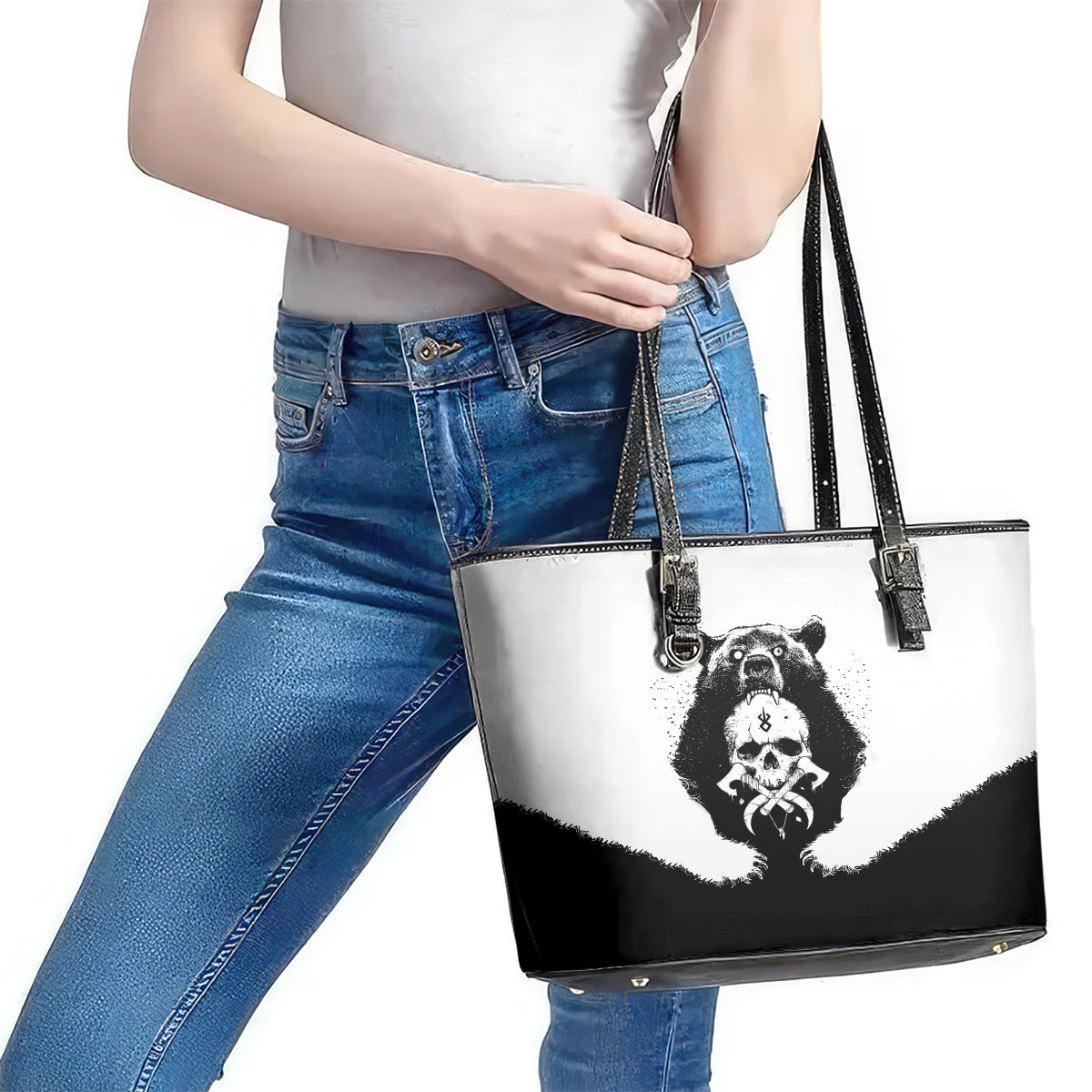 Viking Skull Leather Tote Bag Bear Viking Cross Skull DT01