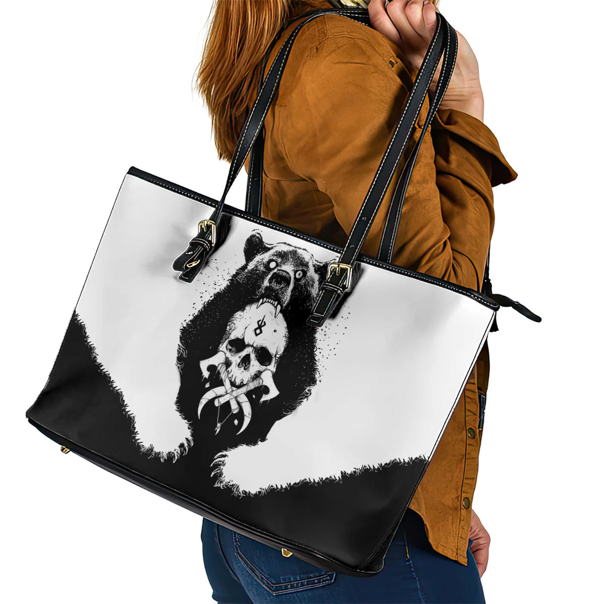 Viking Skull Leather Tote Bag Bear Viking Cross Skull DT01
