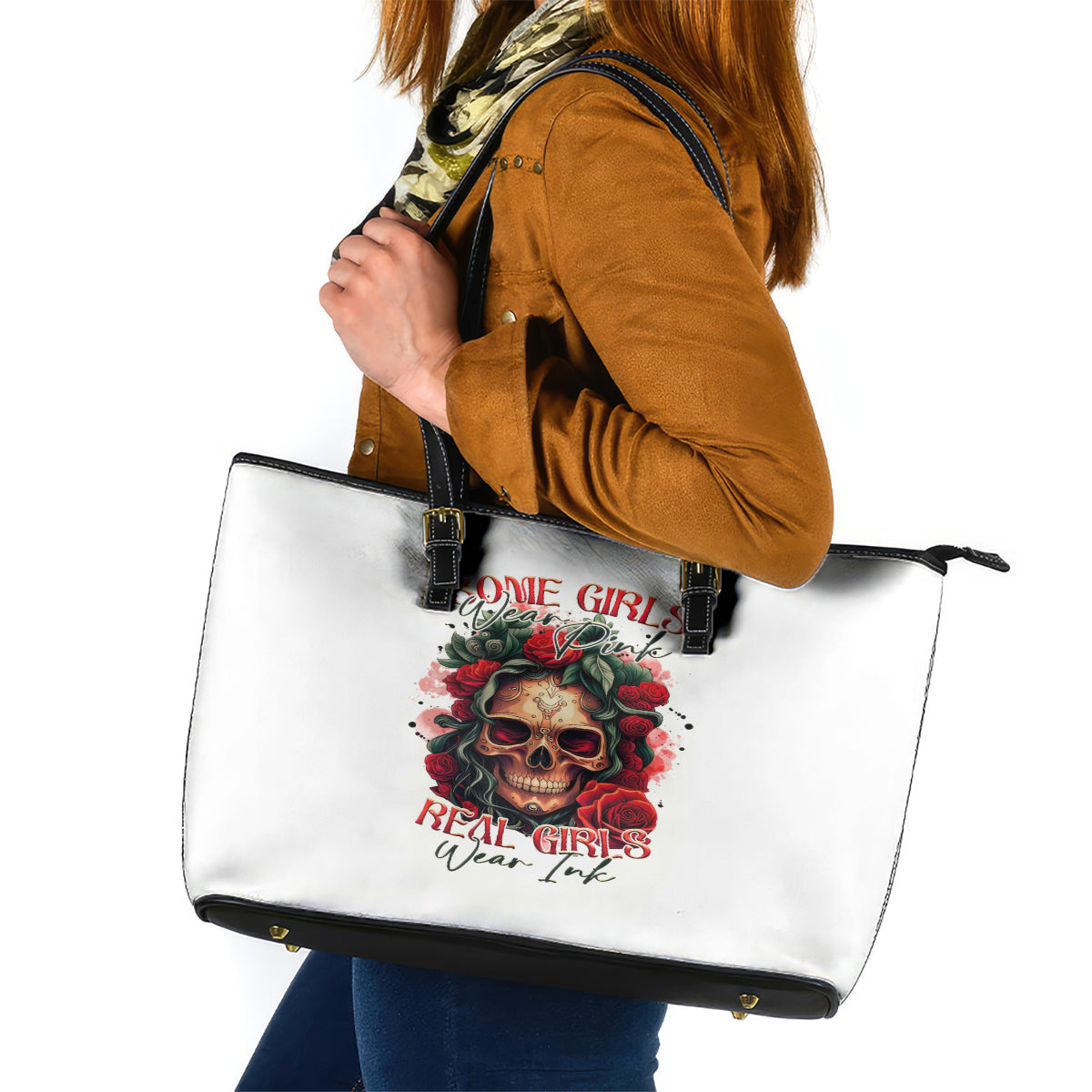 Rose Skull Leather Tote Bag Some Girl Wear Pink Real Girl Wear Ink DT01