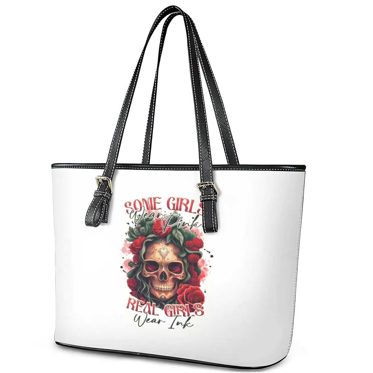 Rose Skull Leather Tote Bag Some Girl Wear Pink Real Girl Wear Ink DT01