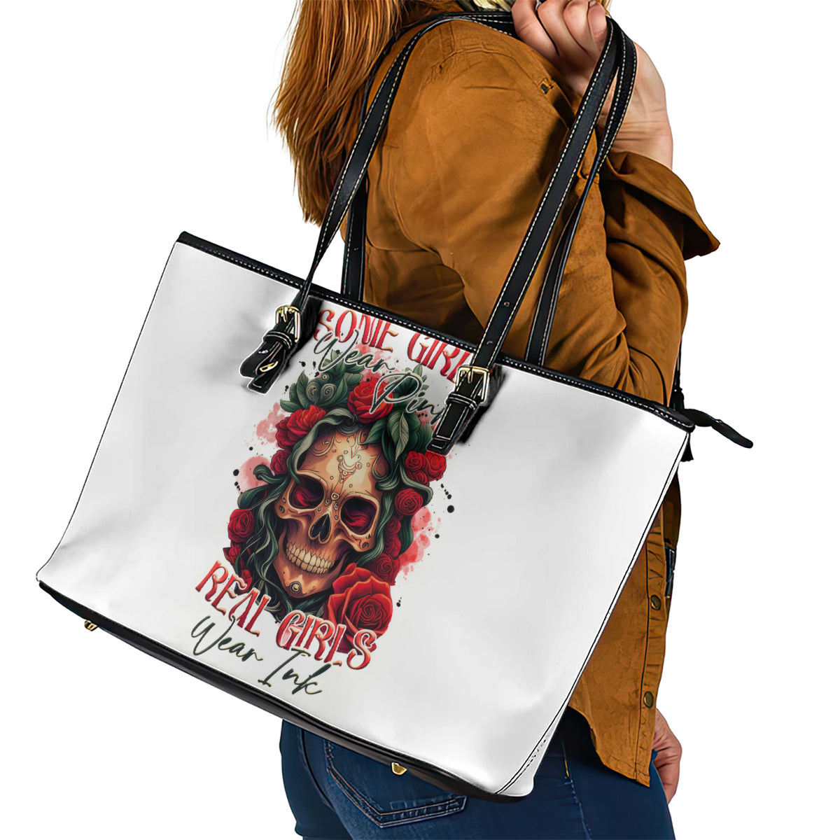 Rose Skull Leather Tote Bag Some Girl Wear Pink Real Girl Wear Ink DT01