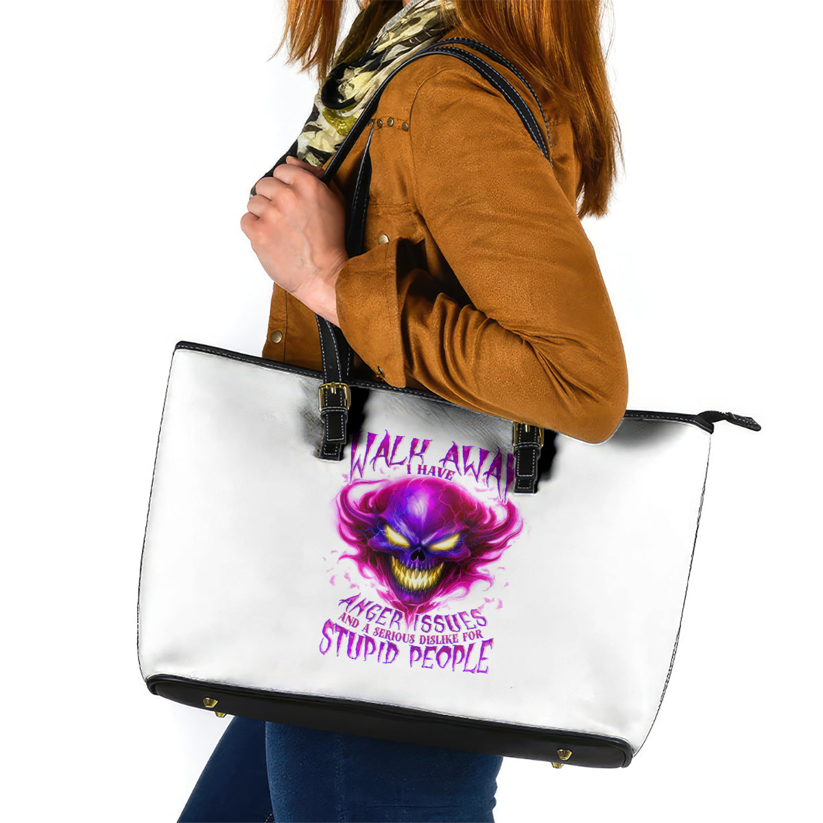 Flame Skull Leather Tote Bag Walk Away I Have Anger Issues And Dislike For Stupod People DT01