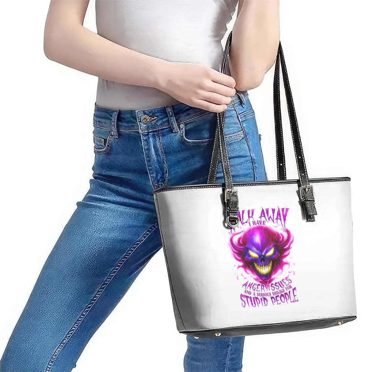 Flame Skull Leather Tote Bag Walk Away I Have Anger Issues And Dislike For Stupod People DT01