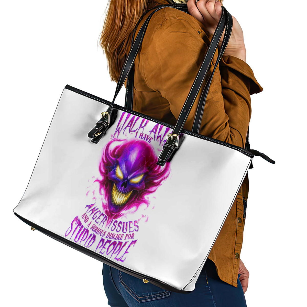 Flame Skull Leather Tote Bag Walk Away I Have Anger Issues And Dislike For Stupod People DT01