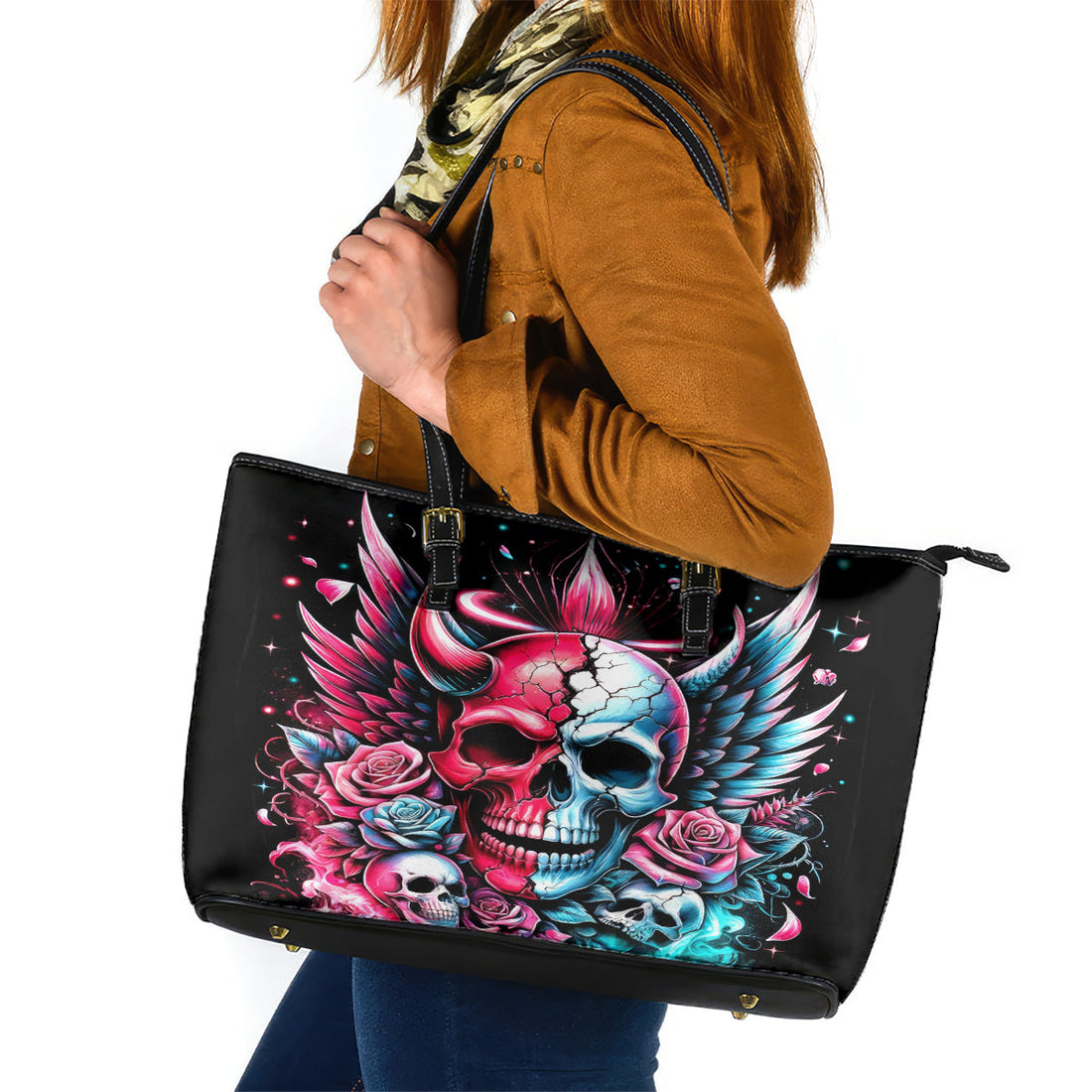 Couple Skull Leather Tote Bag She Was And Angel Craving Chaos Demon Seeking Peace DT01