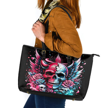 Couple Skull Leather Tote Bag She Was And Angel Craving Chaos Demon Seeking Peace DT01