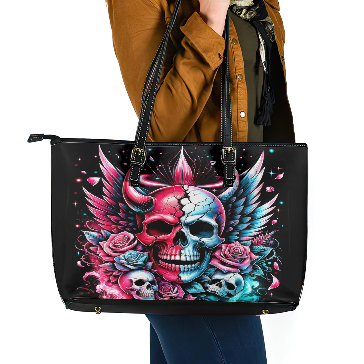 Couple Skull Leather Tote Bag She Was And Angel Craving Chaos Demon Seeking Peace DT01