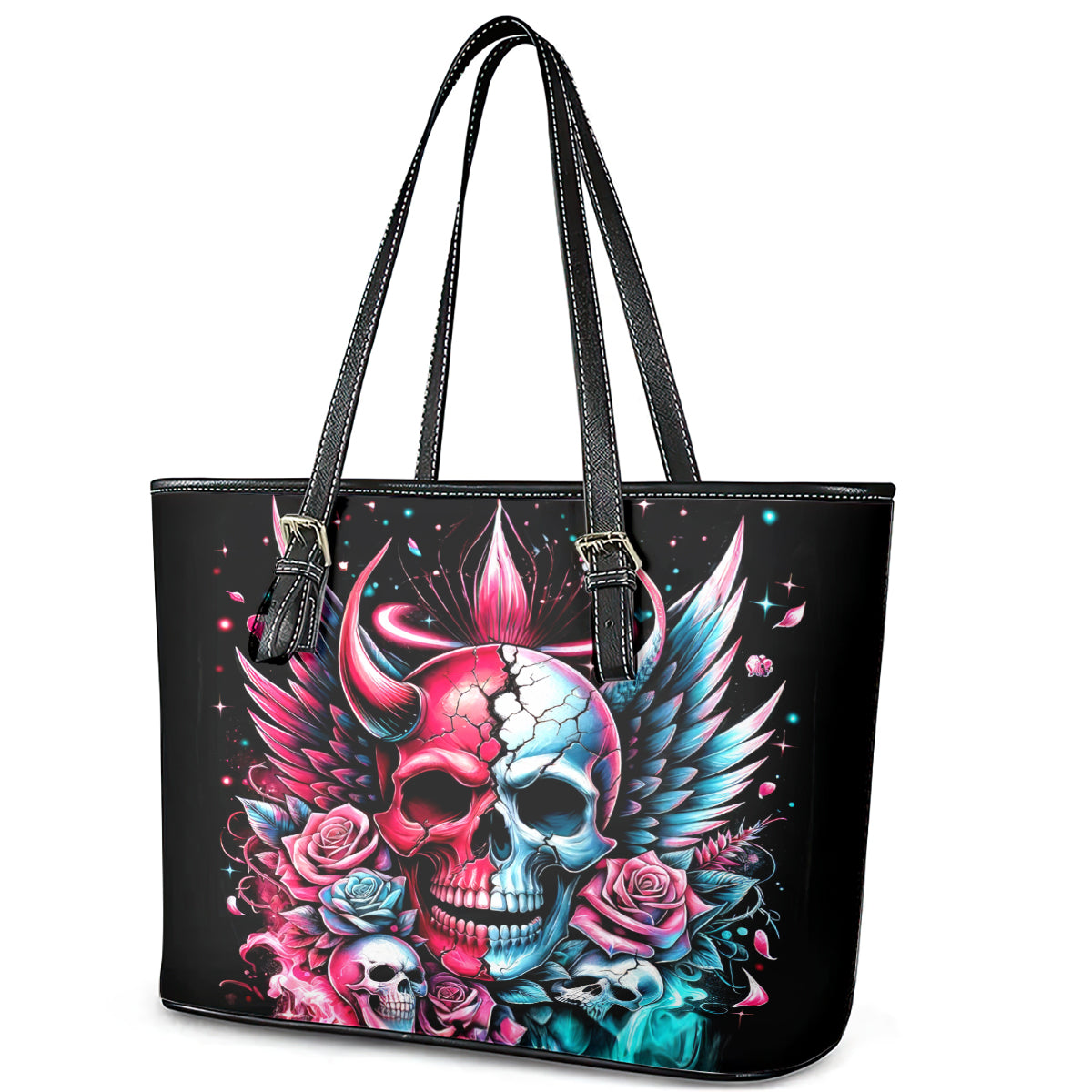 Couple Skull Leather Tote Bag She Was And Angel Craving Chaos Demon Seeking Peace DT01