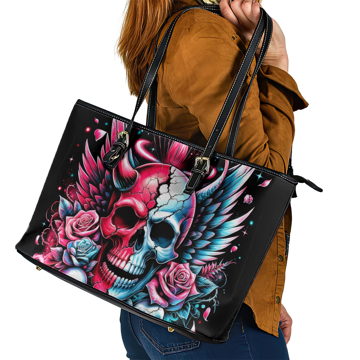 Couple Skull Leather Tote Bag She Was And Angel Craving Chaos Demon Seeking Peace DT01
