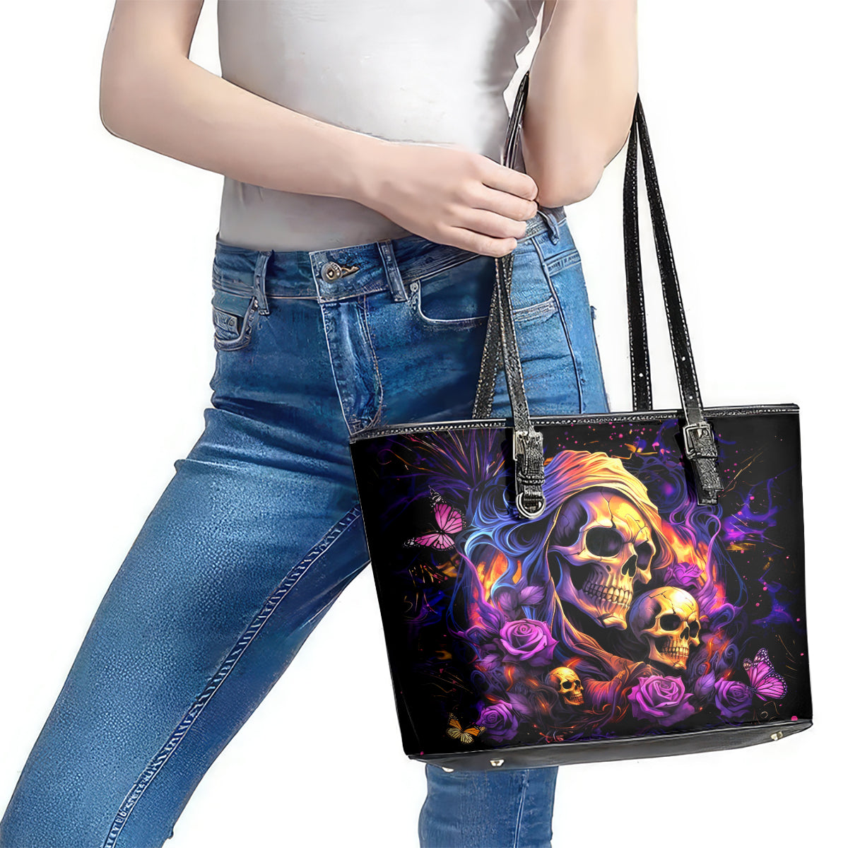 Irish Skull Leather Tote Bag Good Girl Drinve Wine, Badass Girl Chug Beer DT01