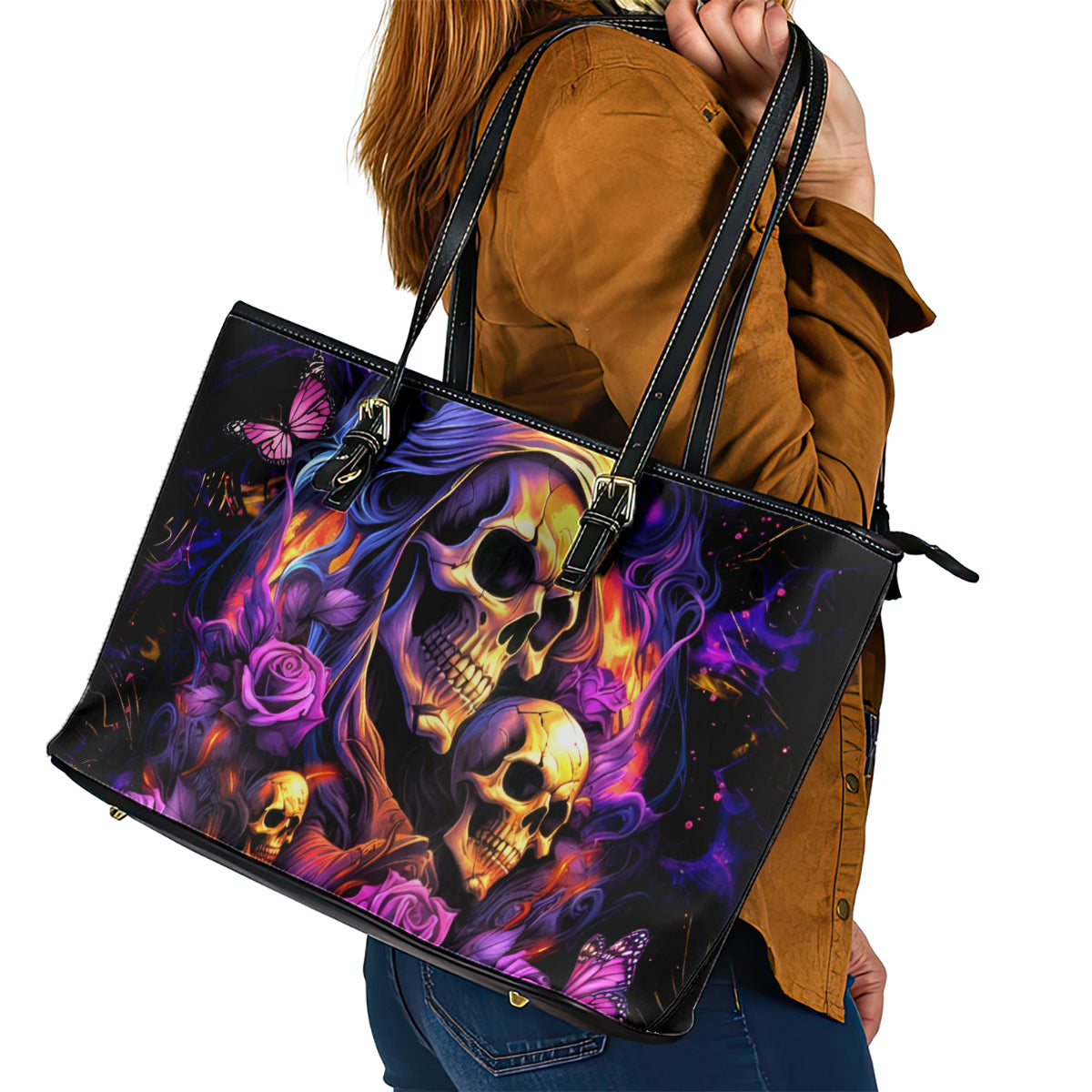 Irish Skull Leather Tote Bag Good Girl Drinve Wine, Badass Girl Chug Beer DT01
