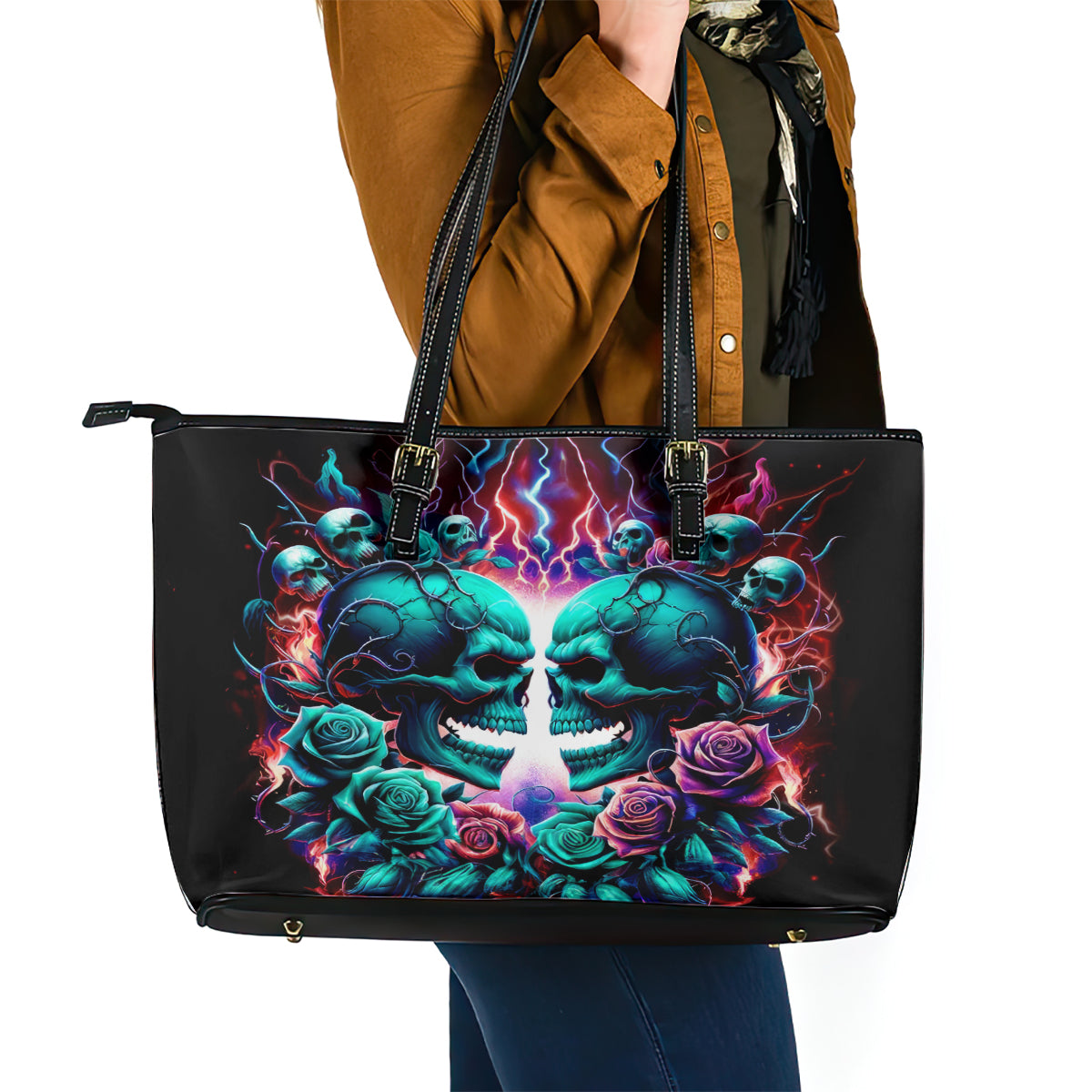 Twin Skull Leather Tote Bag Don't Try Figure Me out I'm A Special Kind Of Twisted DT01