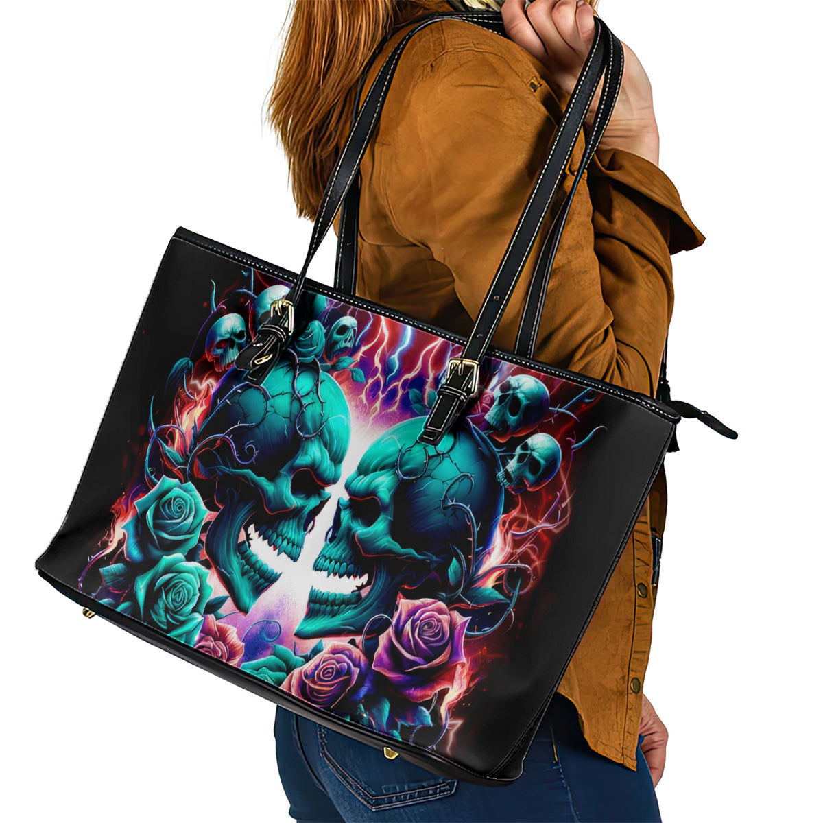Twin Skull Leather Tote Bag Don't Try Figure Me out I'm A Special Kind Of Twisted DT01
