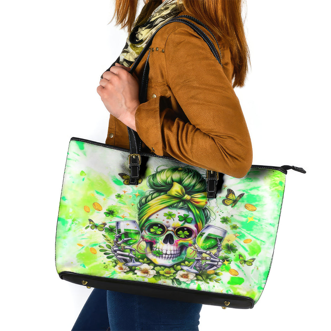 Irish Skull Leather Tote Bag Drink Up Bitch DT01