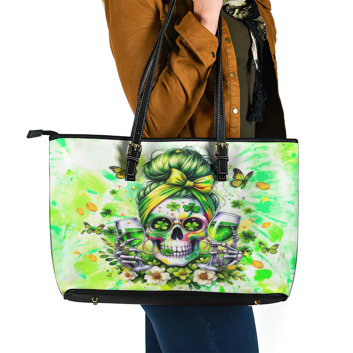 Irish Skull Leather Tote Bag Drink Up Bitch DT01
