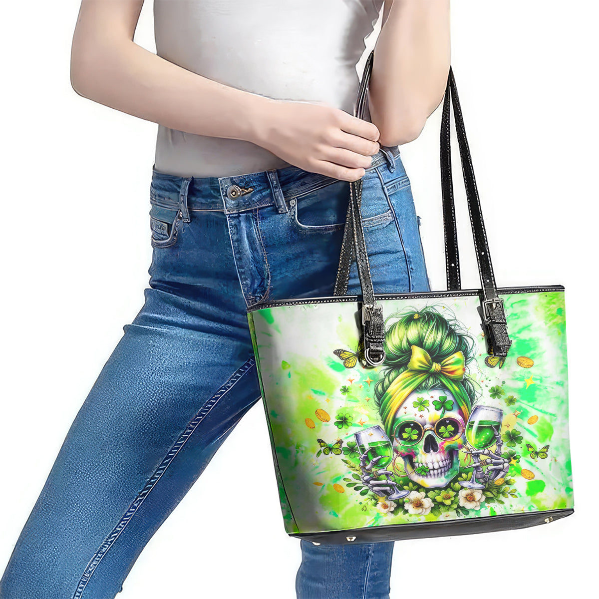 Irish Skull Leather Tote Bag Drink Up Bitch DT01