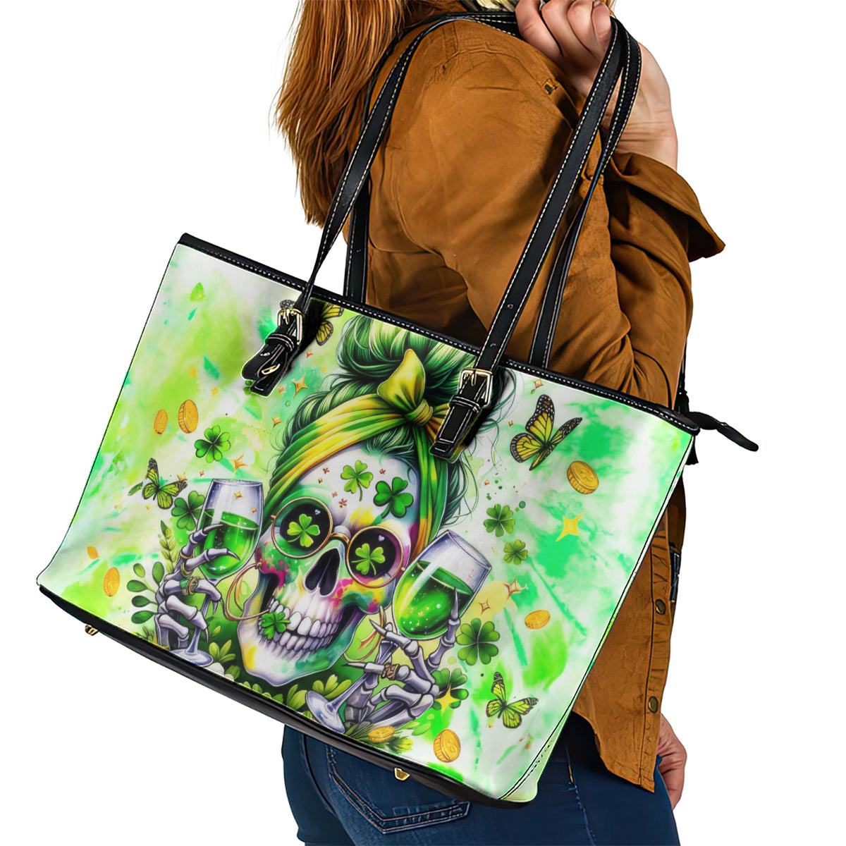 Irish Skull Leather Tote Bag Drink Up Bitch DT01