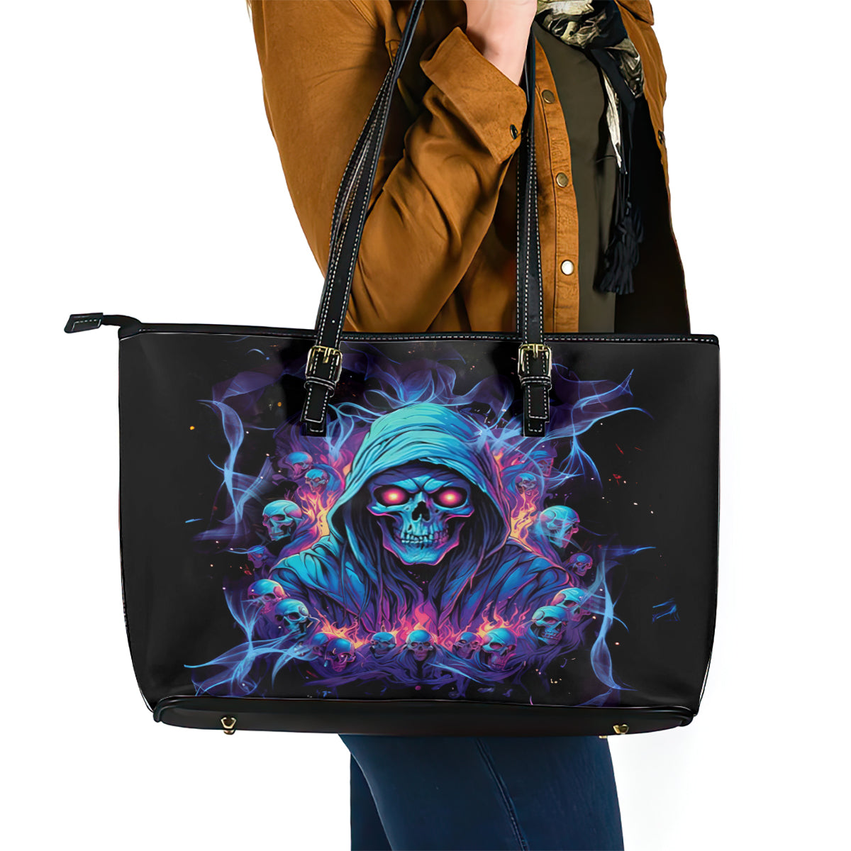 Reaper Skull Leather Tote Bag When I Was Born The Devil Said Oh Shit Competition DT01