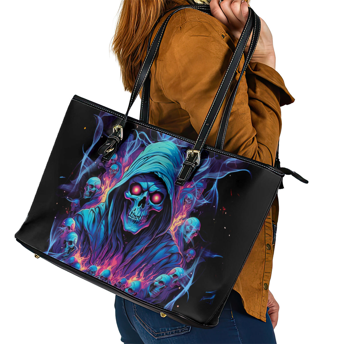 Reaper Skull Leather Tote Bag When I Was Born The Devil Said Oh Shit Competition DT01