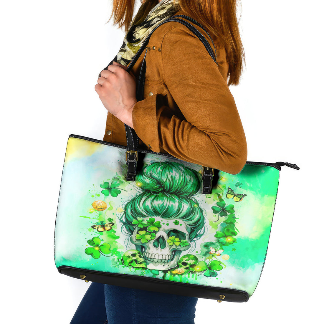 Irish Skull Leather Tote Bag Oho Lucky Mama DT01