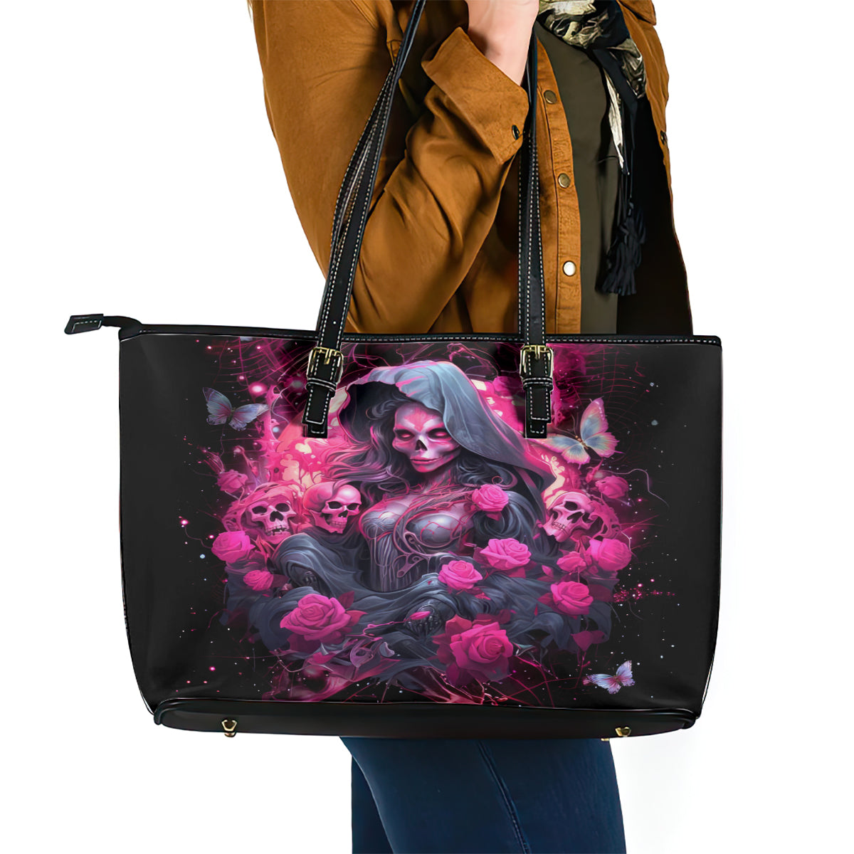 Witch Skull Leather Tote Bag They Whispered To Her You Cannot Withstand The Storm DT01