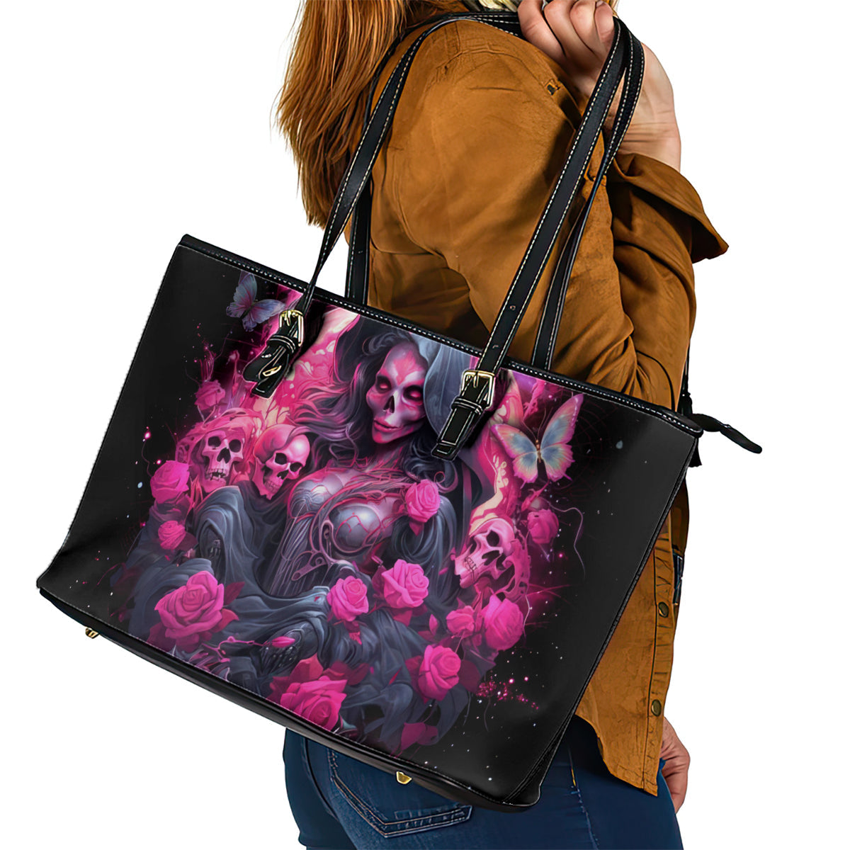 Witch Skull Leather Tote Bag They Whispered To Her You Cannot Withstand The Storm DT01