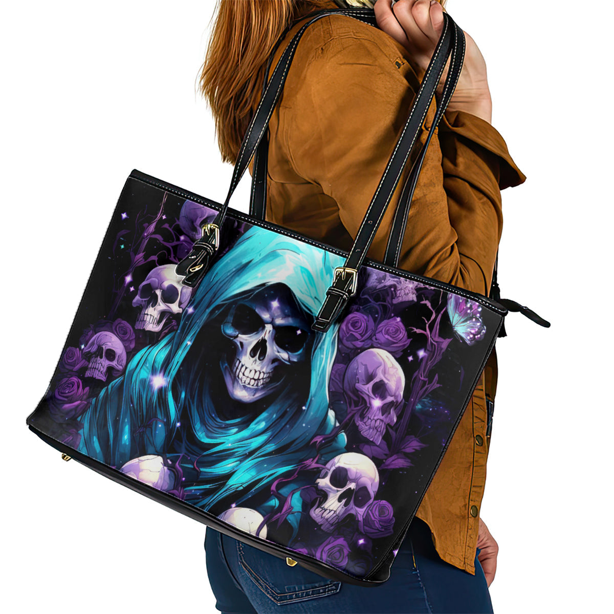 Reaper Skull Leather Tote Bag Don't Try To Figure Me Out DT01