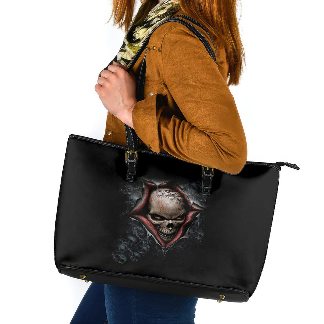 Skull Leather Tote Bag Skeleton Ripped inside DT01