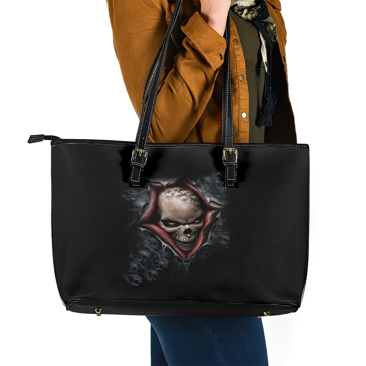 Skull Leather Tote Bag Skeleton Ripped inside DT01