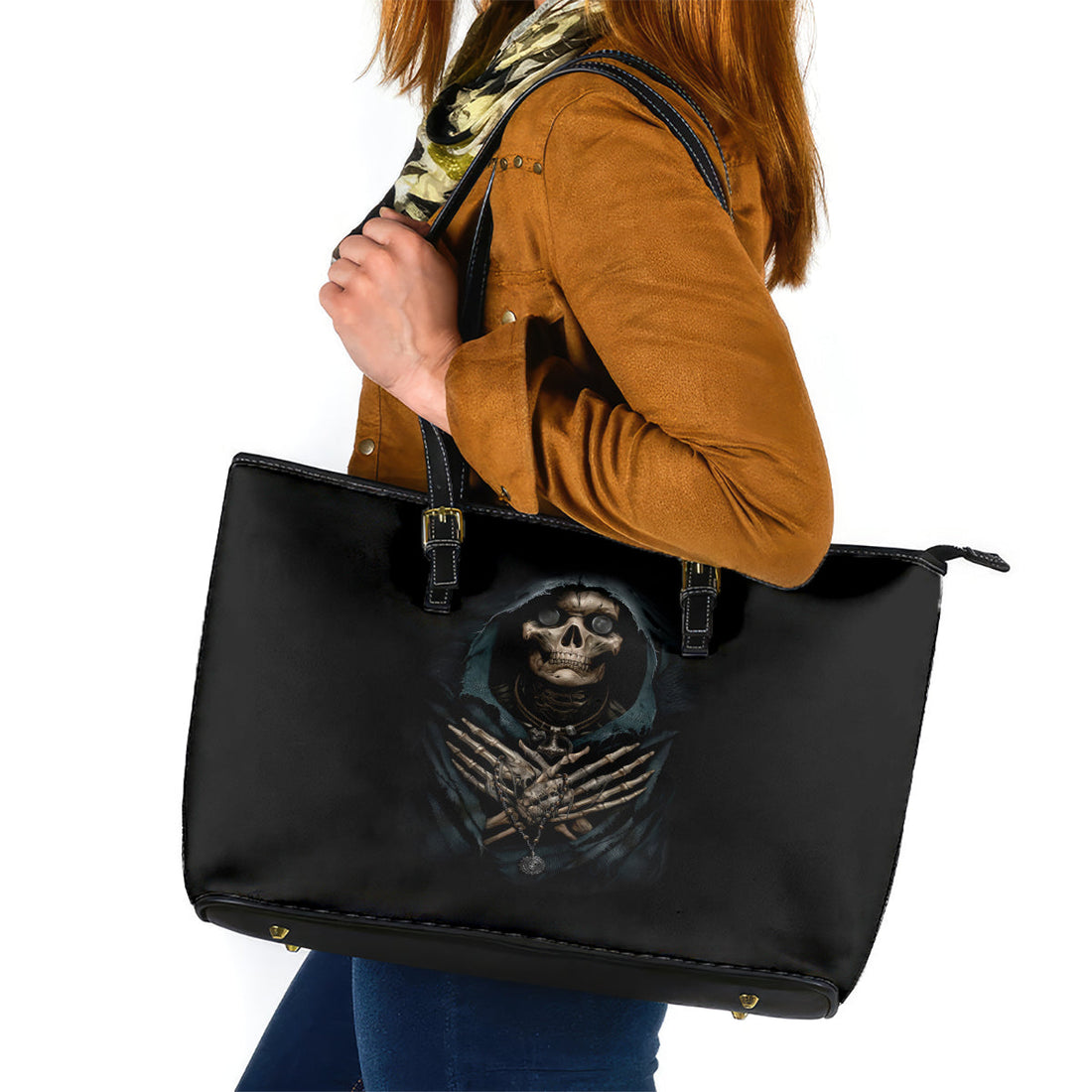 Grim Reaper Leather Tote Bag The Ferryman Of The Underworld with Charon Skull Black DT01