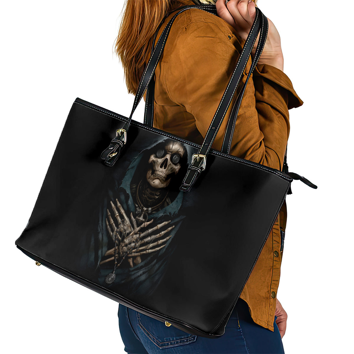 Grim Reaper Leather Tote Bag The Ferryman Of The Underworld with Charon Skull Black DT01