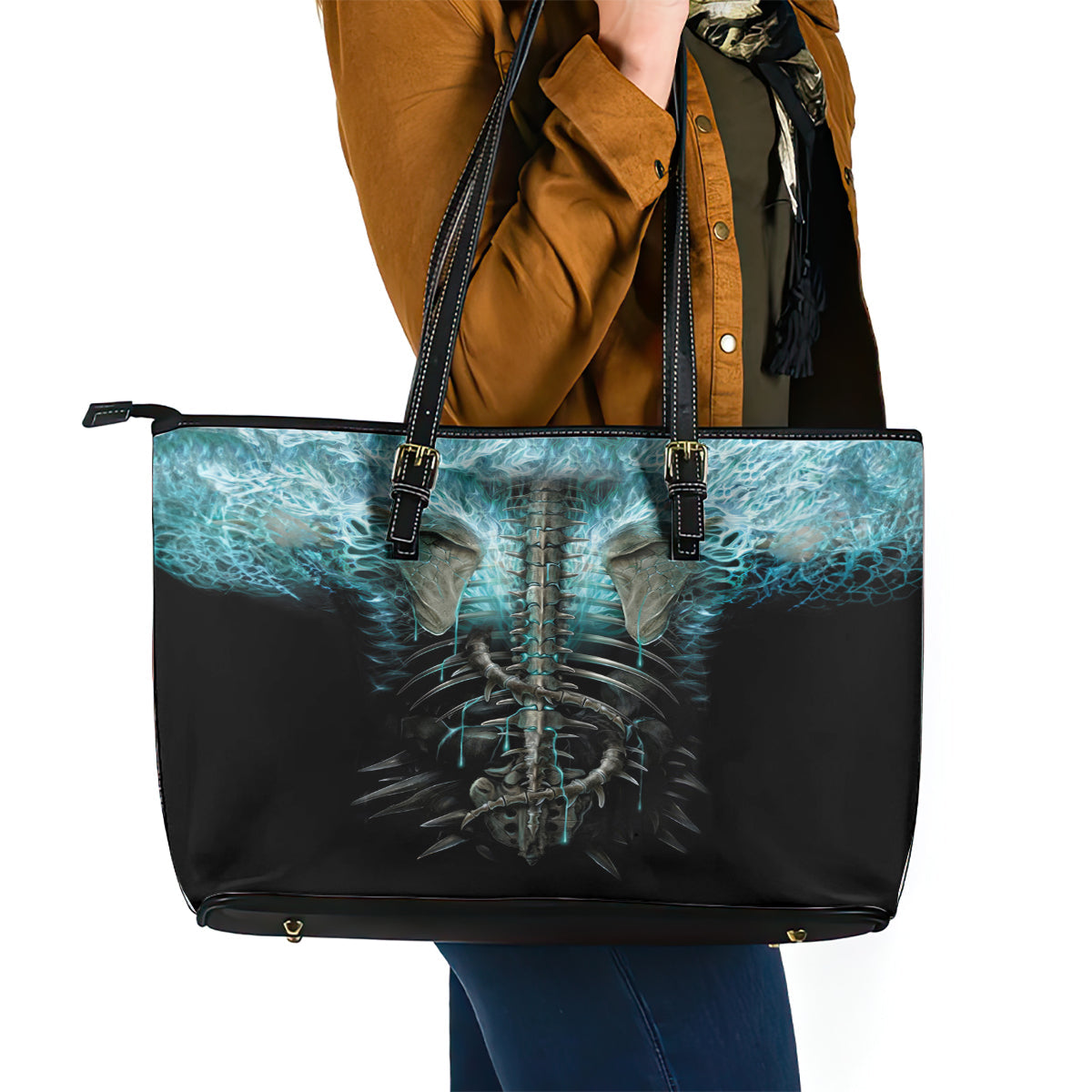 Flame Twin Skull Leather Tote Bag Skeleton Inside DT01