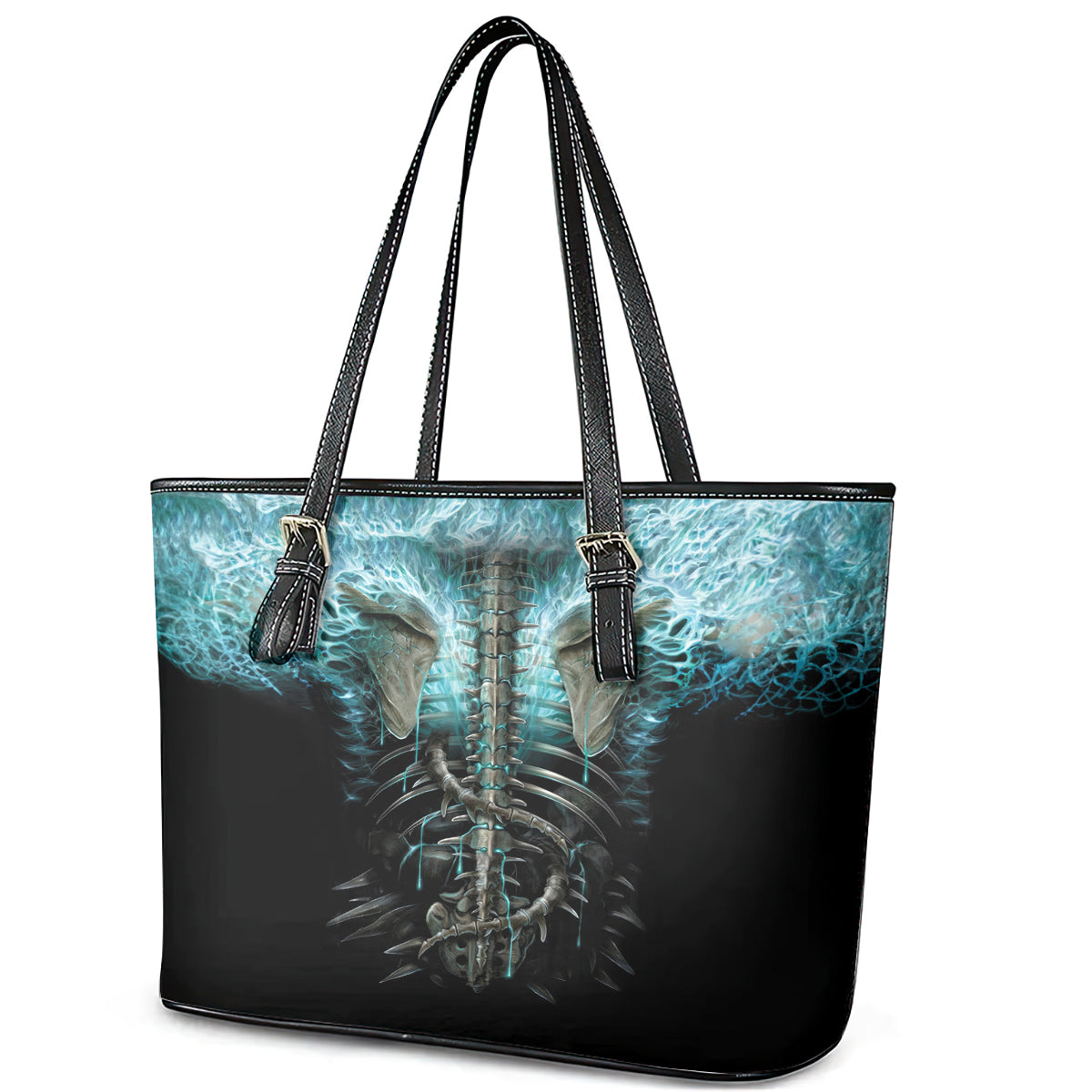 Flame Twin Skull Leather Tote Bag Skeleton Inside DT01