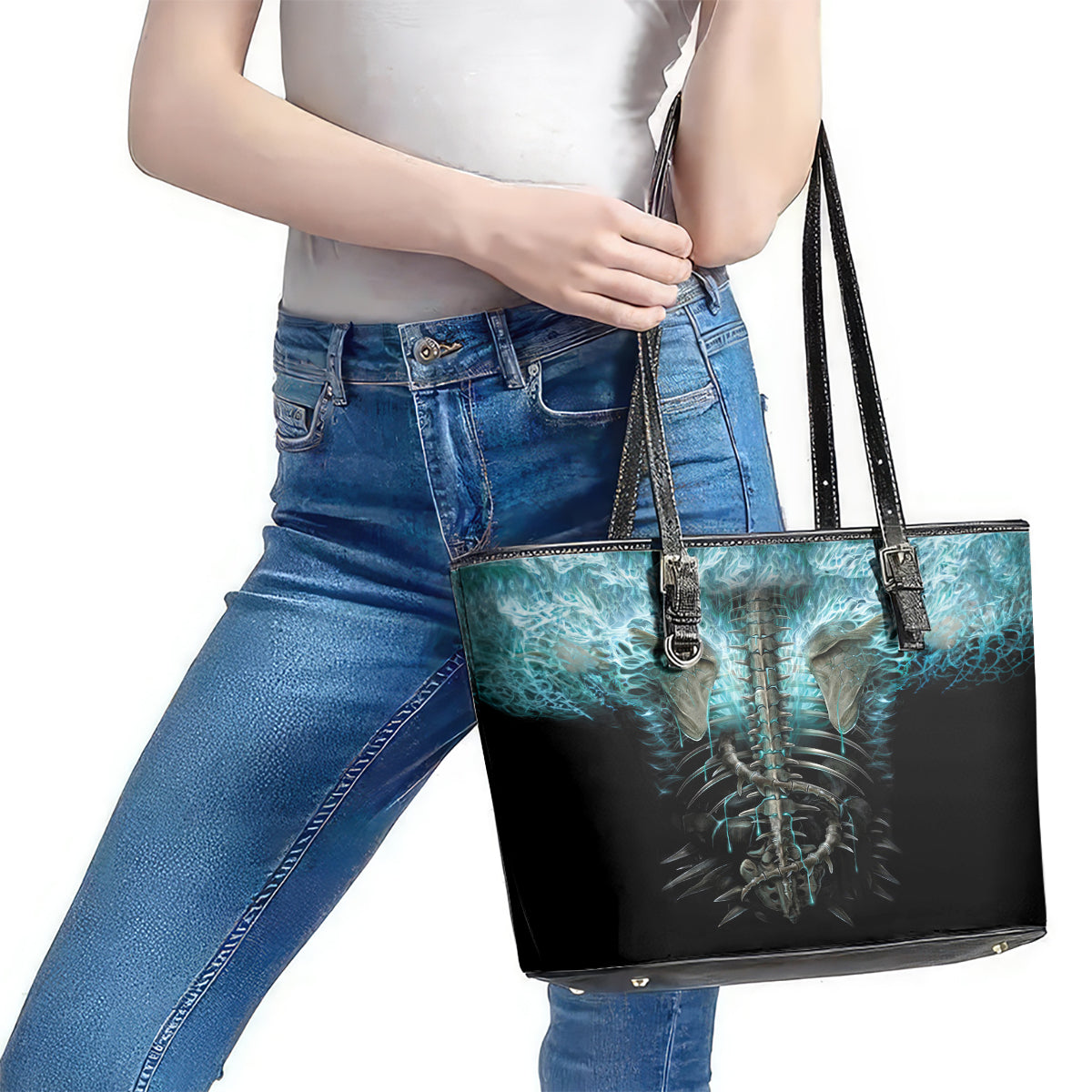 Flame Twin Skull Leather Tote Bag Skeleton Inside DT01