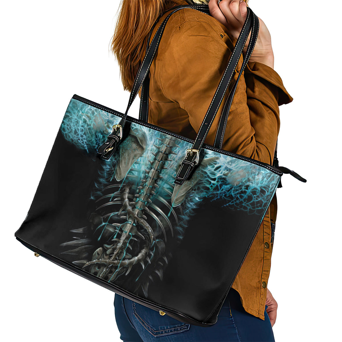 Flame Twin Skull Leather Tote Bag Skeleton Inside DT01