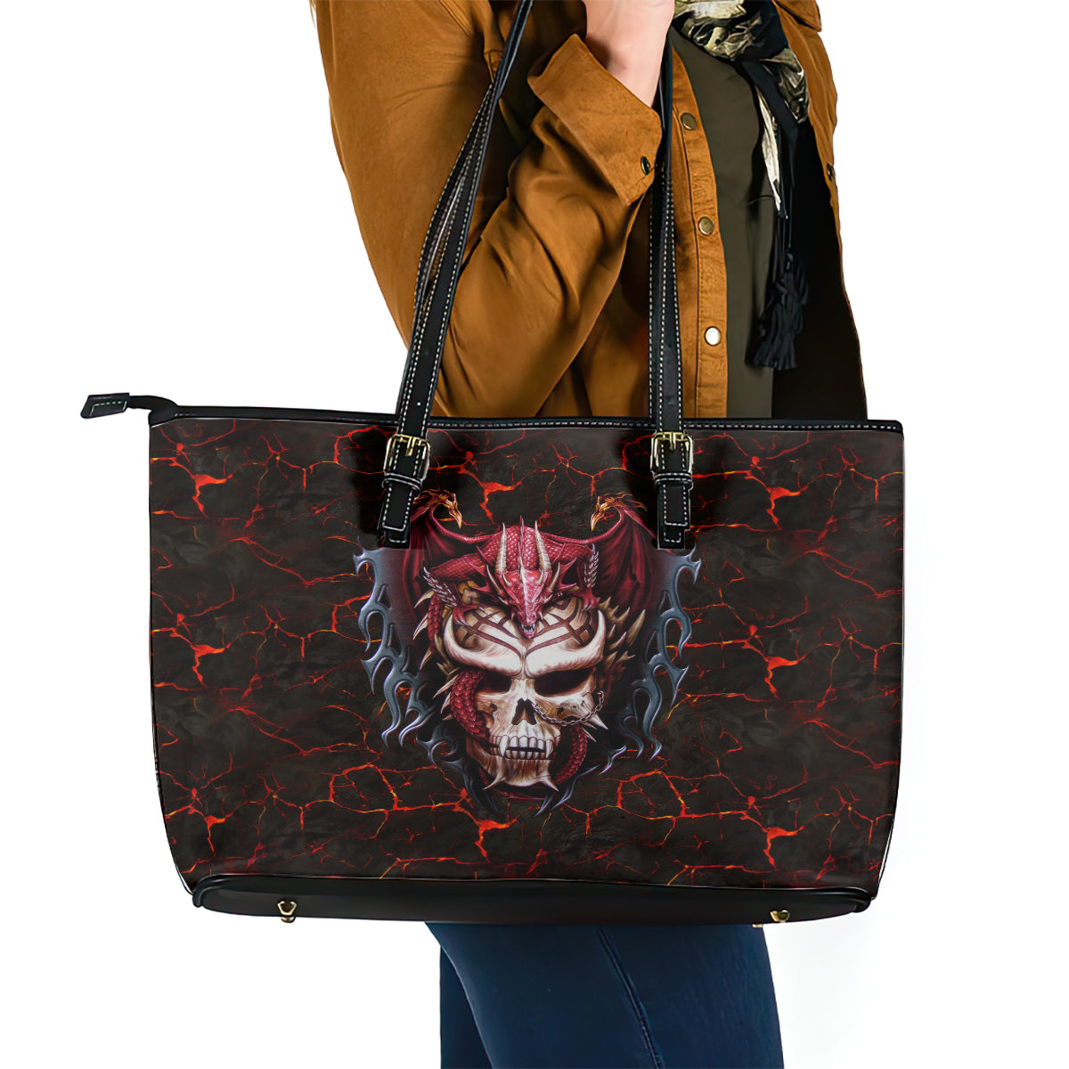 Infernal Draconic Skull Leather Tote Bag Embracing the Fiery Soul DT01