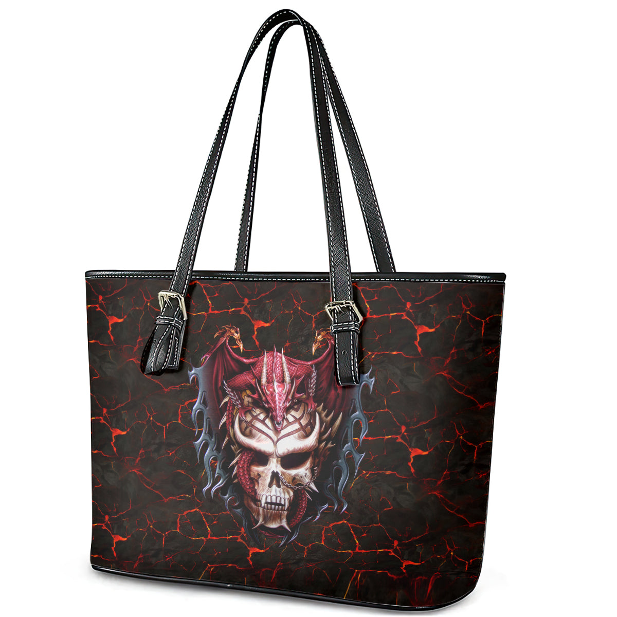 Infernal Draconic Skull Leather Tote Bag Embracing the Fiery Soul DT01