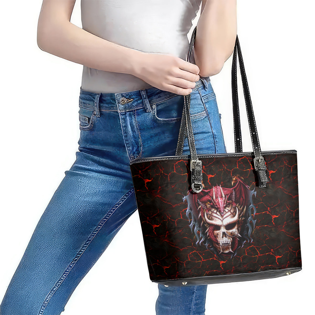 Infernal Draconic Skull Leather Tote Bag Embracing the Fiery Soul DT01