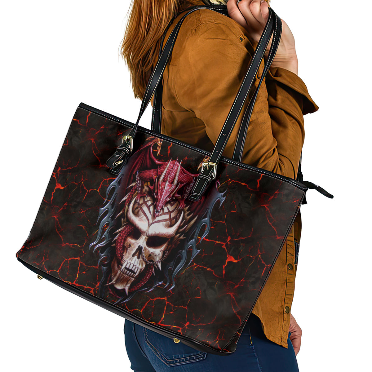 Infernal Draconic Skull Leather Tote Bag Embracing the Fiery Soul DT01